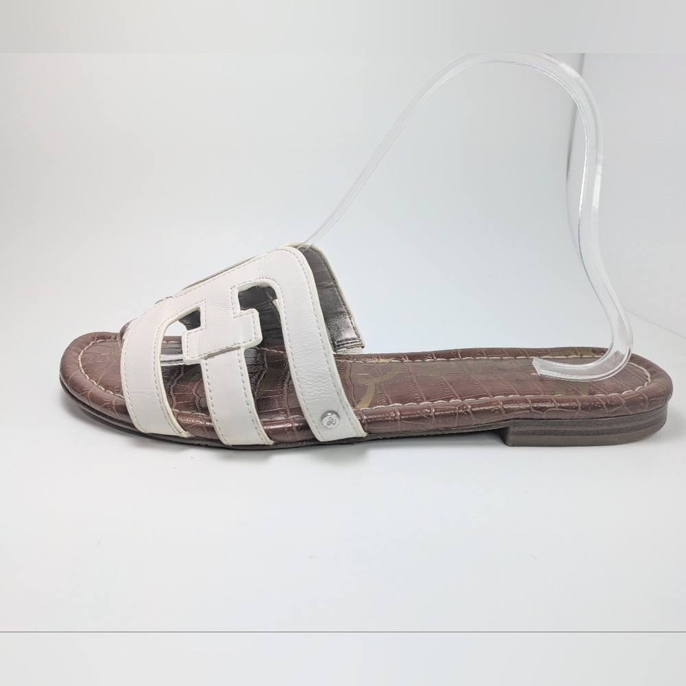 Sam Edelman White Leather Slide Sandals with Brown Footbed - Picture 2 of 16